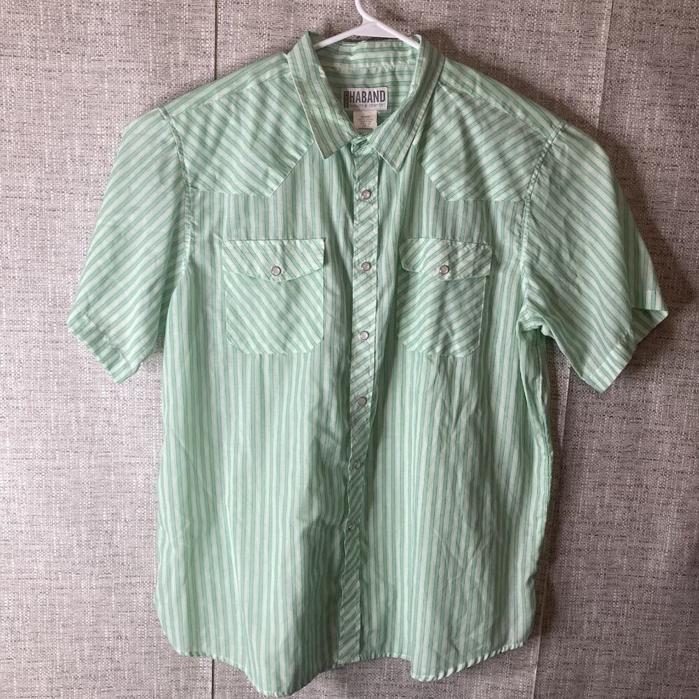 Haband Quailty & Comfort Pearl Snap Shirt Mens XL Green Striped Short Sleeve.